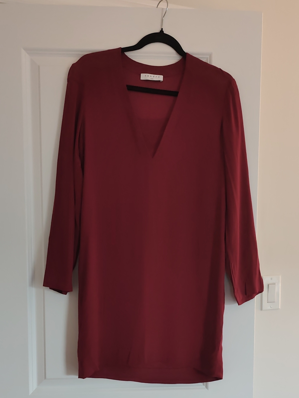 Sandro Deep Wine V-Neck Long Sleeve Tunic Dress